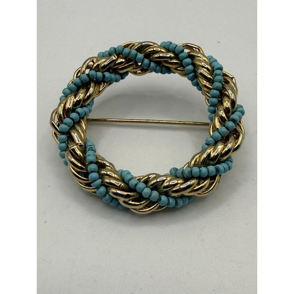 Vintage Wreath Brooch Gold Tone Turquoise Color Accent Beads Braided Twist